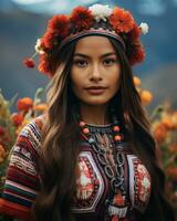 une magnifique femme dans traditionnel Vêtements avec fleurs dans sa cheveux génératif ai photo