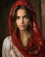 une magnifique femme portant une rouge écharpe génératif ai photo