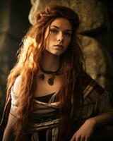 une magnifique femme avec longue rouge cheveux et une Collier génératif ai photo