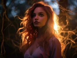 une magnifique femme avec rouge cheveux dans le les bois génératif ai photo