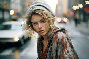 une magnifique Jeune femme dans une bonnet permanent sur une ville rue génératif ai photo