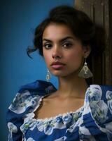 une magnifique Jeune femme dans une bleu et blanc robe génératif ai photo