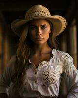 une magnifique Jeune femme dans une cow-boy chapeau génératif ai photo