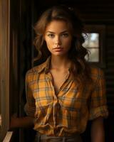 une magnifique Jeune femme dans une plaid chemise permanent dans de face de une en bois porte génératif ai photo