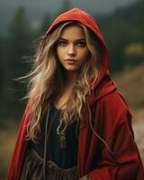 une magnifique Jeune femme dans une rouge manteau génératif ai photo