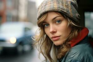 une magnifique Jeune femme dans une hiver chapeau génératif ai photo