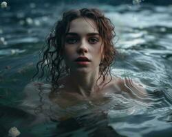 une magnifique Jeune femme dans le l'eau génératif ai photo