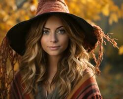 une magnifique Jeune femme portant une sorcière chapeau génératif ai photo