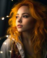 une magnifique Jeune femme avec brillant Orange cheveux génératif ai photo