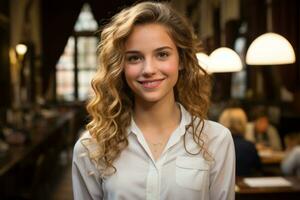 une magnifique Jeune femme avec frisé cheveux dans une restaurant génératif ai photo