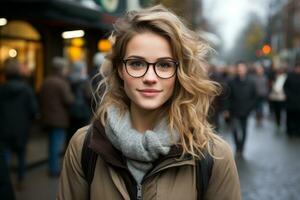 une magnifique Jeune femme avec des lunettes permanent dans le milieu de une occupé rue génératif ai photo