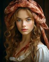 une magnifique Jeune femme avec longue frisé cheveux portant une rouge foulard génératif ai photo