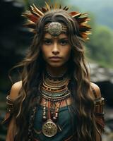 une magnifique Jeune femme avec longue cheveux portant un Indien coiffure génératif ai photo