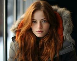 une magnifique Jeune femme avec longue rouge cheveux à la recherche en dehors le fenêtre génératif ai photo