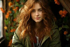 une magnifique Jeune femme avec longue rouge cheveux séance dans de face de une fenêtre génératif ai photo