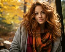 une magnifique Jeune femme avec rouge cheveux et Orange plaid écharpe génératif ai photo