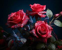 une bouquet de rouge des roses sur une foncé Contexte génératif ai photo