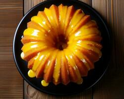 une bundt gâteau est séance sur Haut de une noir assiette génératif ai photo