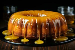 une bundt gâteau sur une noir assiette génératif ai photo