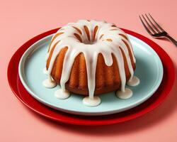 une bundt gâteau est assis sur une assiette avec une fourchette et couteau génératif ai photo