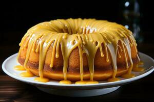 une bundt gâteau avec Jaune glaçage sur une blanc assiette génératif ai photo