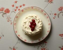 une gâteau sur une assiette avec cerises sur il génératif ai photo