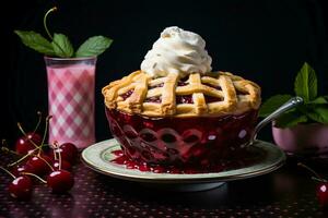 une Cerise tarte avec fouetté crème et cerises génératif ai photo