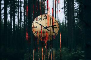 une l'horloge dans le milieu de une forêt avec du sang égouttage de il génératif ai photo