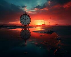 une l'horloge séance sur le sol suivant à une corps de l'eau génératif ai photo