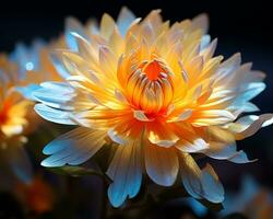une proche en haut de un Orange fleur avec bleu et blanc pétales génératif ai photo