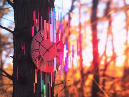 une coloré l'horloge sur une arbre dans le milieu de une forêt génératif ai photo