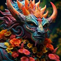 une coloré statue de une dragon entouré par fleurs génératif ai photo