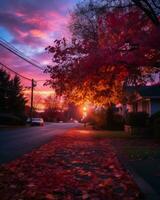 une coloré le coucher du soleil plus de une rue avec feuilles sur le sol génératif ai photo