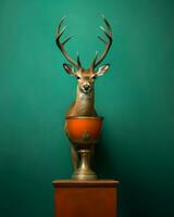 une cerf des stands sur Haut de une vase dans de face de une vert mur génératif ai photo