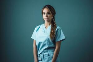 une femelle infirmière dans bleu gommages permanent dans de face de une foncé Contexte génératif ai photo