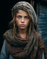 une fille avec bleu yeux et une écharpe sur sa tête génératif ai photo