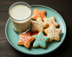 une verre de Lait et biscuits sur une bleu assiette génératif ai photo