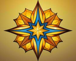 une d'or étoile avec bleu et Jaune couleurs sur une marron Contexte génératif ai photo