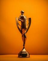 une d'or trophée sur un Orange Contexte génératif ai photo