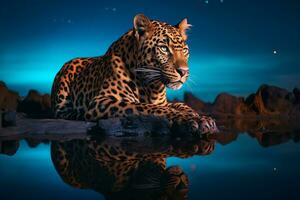 une léopard séance sur une Roche à nuit avec étoiles dans le Contexte génératif ai photo