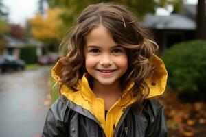 une peu fille dans une Jaune et noir veste génératif ai photo