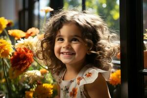 une peu fille est souriant dans de face de une fenêtre rempli avec Orange et Jaune fleurs génératif ai photo