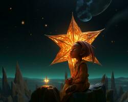 une peu fille séance sur Haut de une Roche avec une étoile dans le ciel génératif ai photo