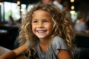 une peu fille avec frisé cheveux séance à une table génératif ai photo