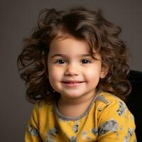 une peu fille avec frisé cheveux séance dans une chaise génératif ai photo