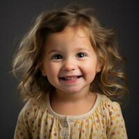 une peu fille avec frisé cheveux sourit pour le caméra génératif ai photo