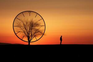 une homme permanent dans de face de une grand l'horloge avec une arbre dans le Contexte génératif ai photo