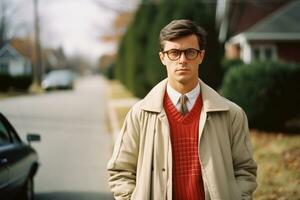 une homme portant des lunettes et une rouge chandail permanent sur une rue génératif ai photo