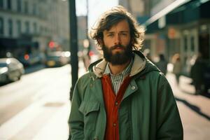 une homme avec une barbe permanent sur une ville rue génératif ai photo