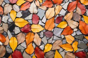 une mosaïque de coloré feuilles sur une mur génératif ai photo